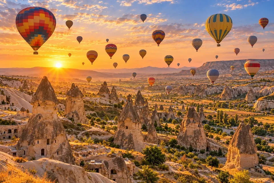 Gün doğarken peri bacaları üzerinde süzülen sıcak hava balonları