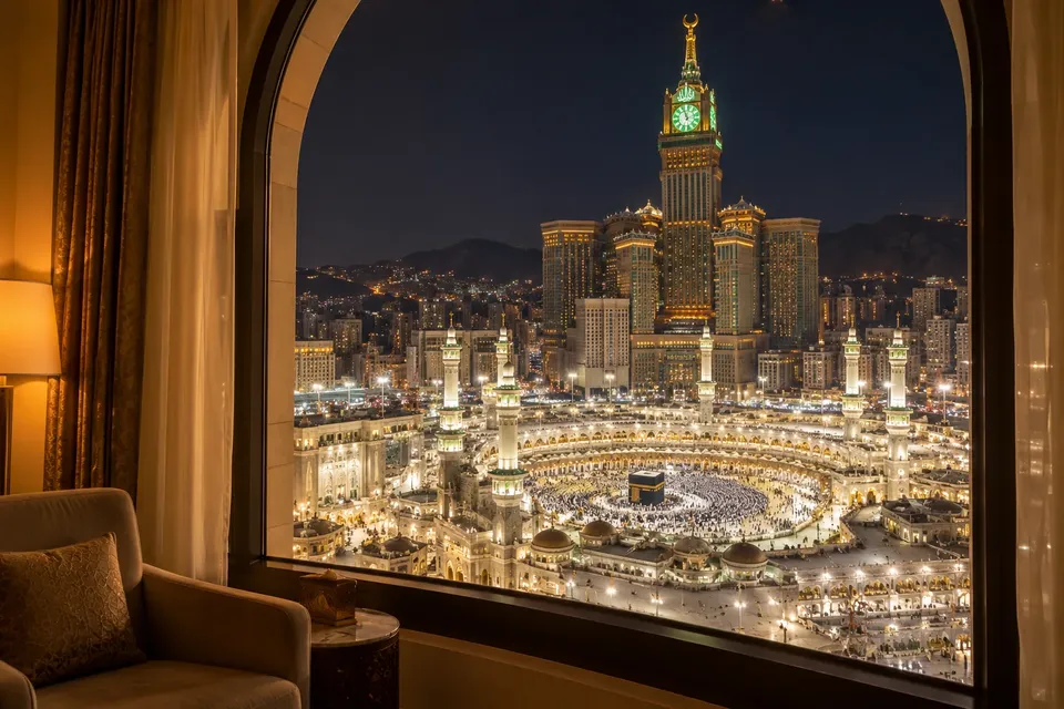 Otel penceresinden gece Mescid-i Haram ve saat kulesi manzarası